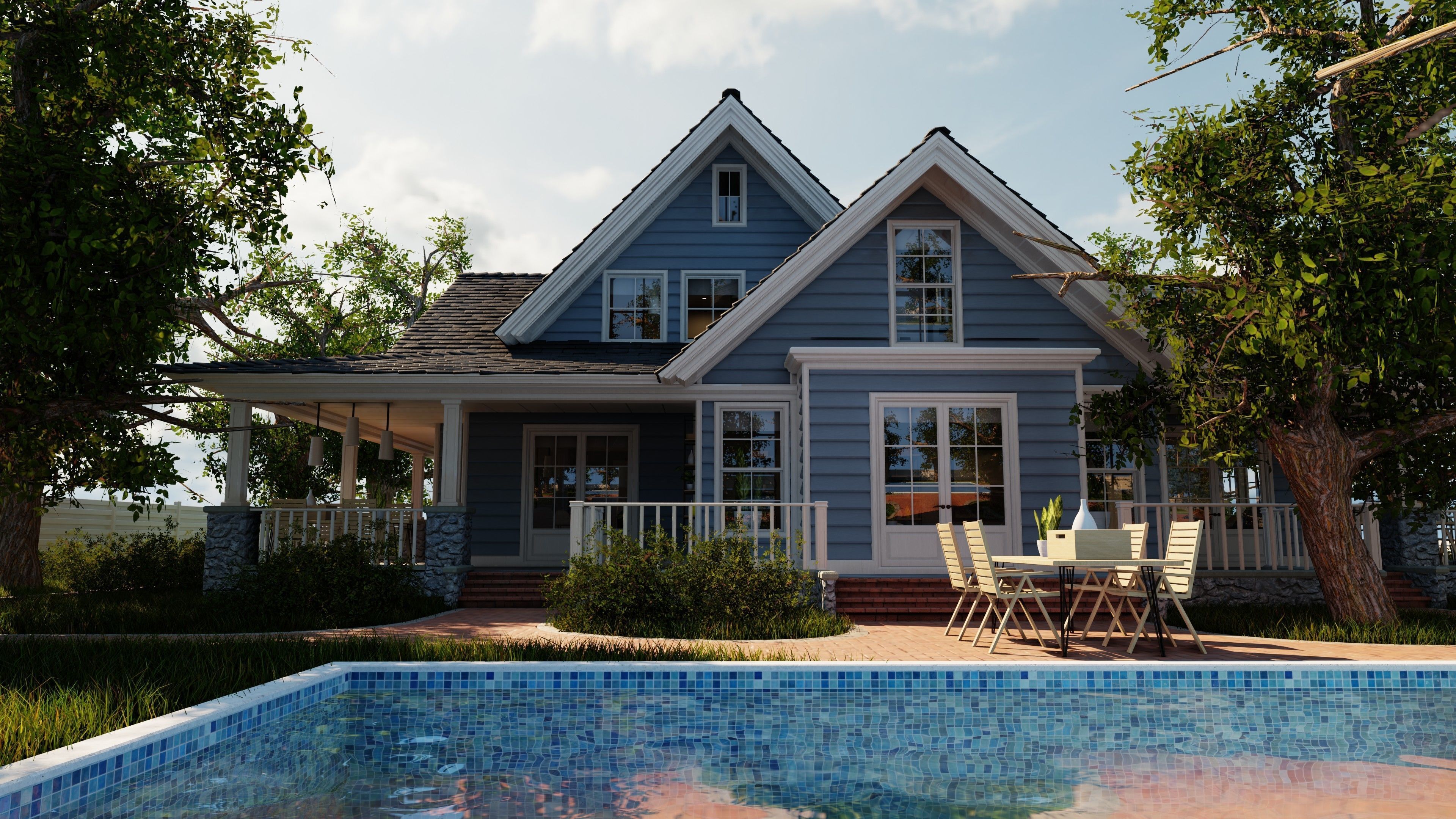 Classic style porch house with furniture Low-poly 3D model_10