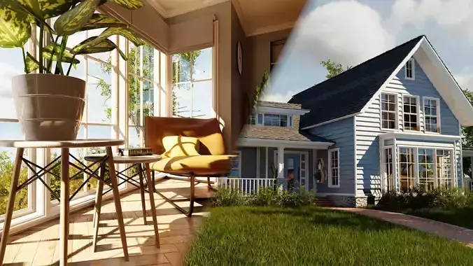 Classic style porch house with furniture Low-poly 3D model