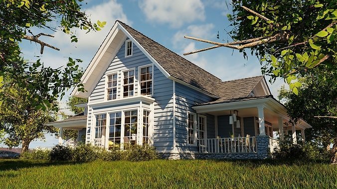 Classic style porch house with furniture Low-poly 3D model 4