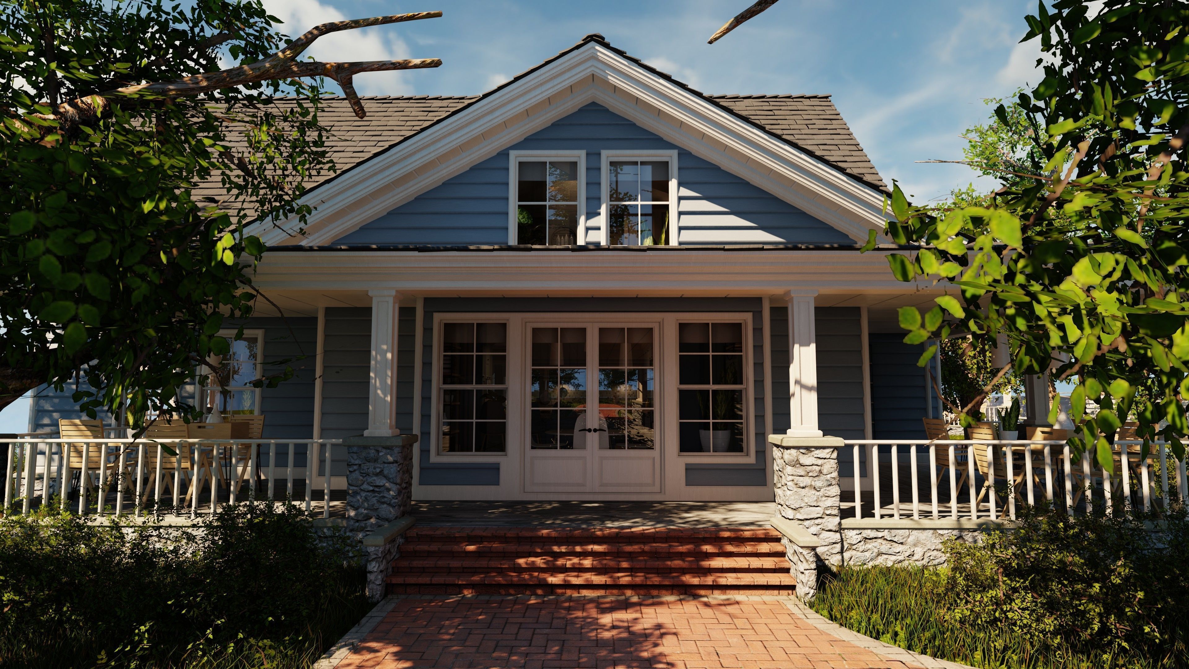 Classic style porch house with furniture Low-poly 3D model_6