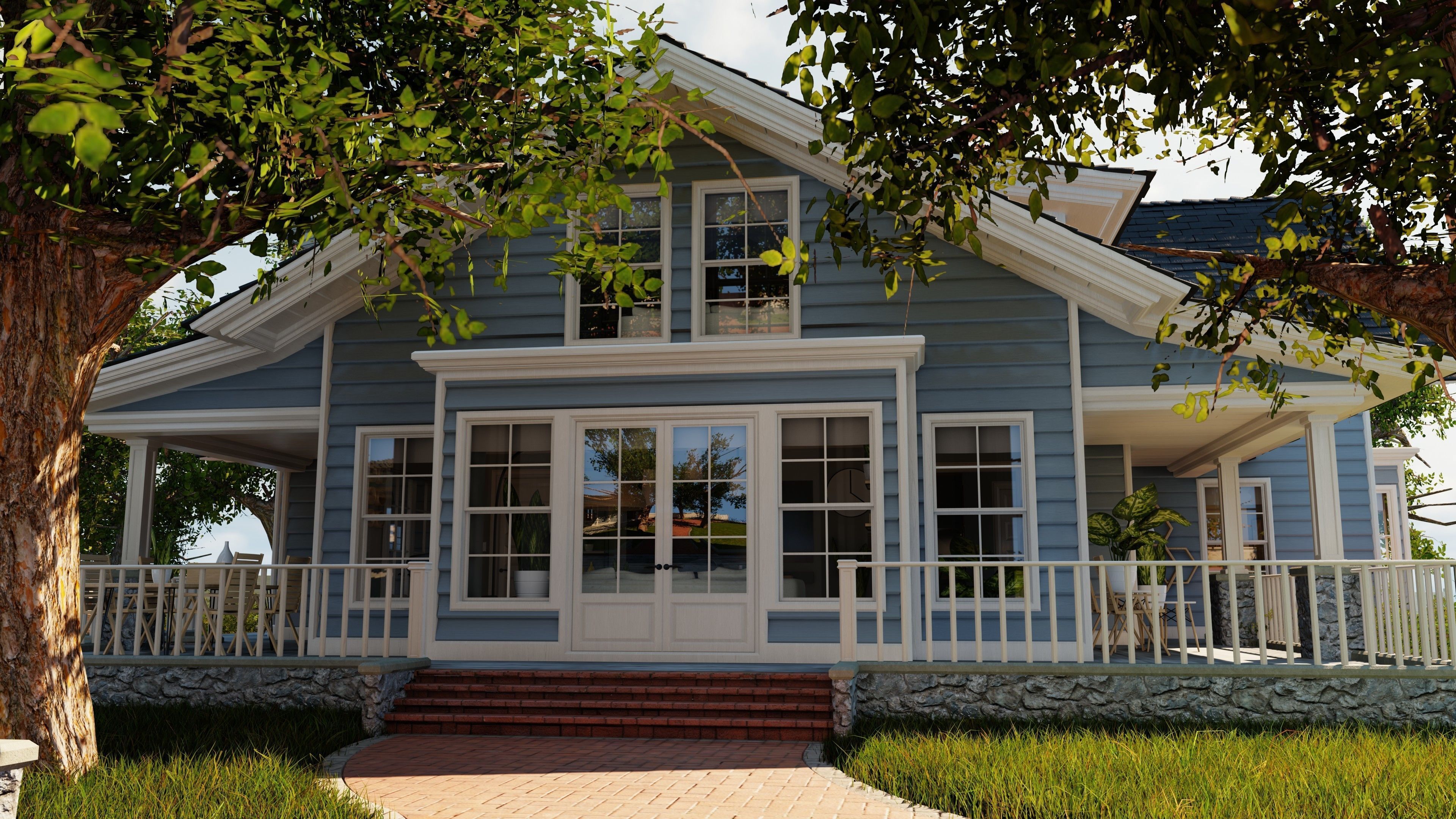 Classic style porch house with furniture Low-poly 3D model_15