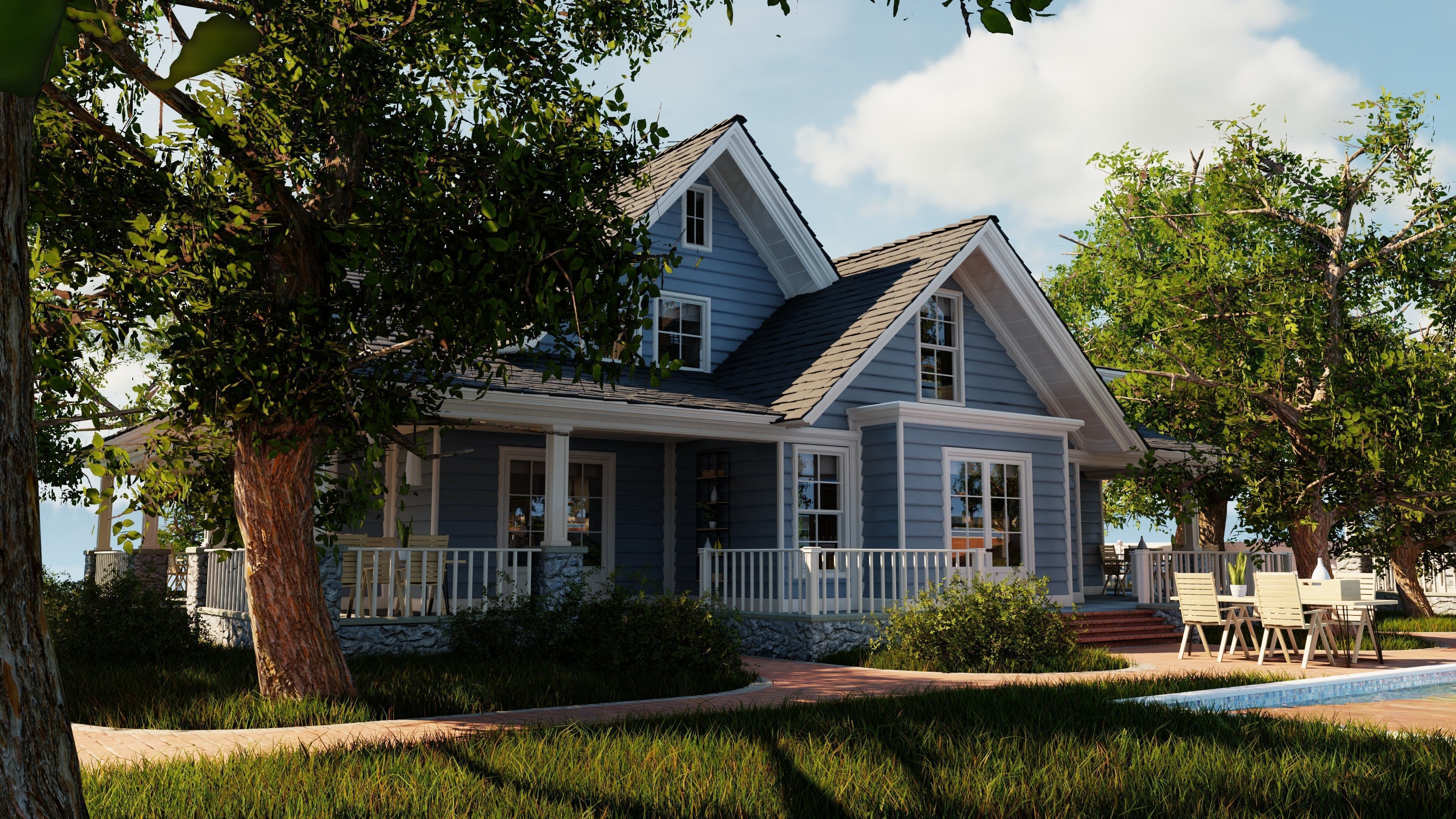 Classic style porch house with furniture Low-poly 3D model_8