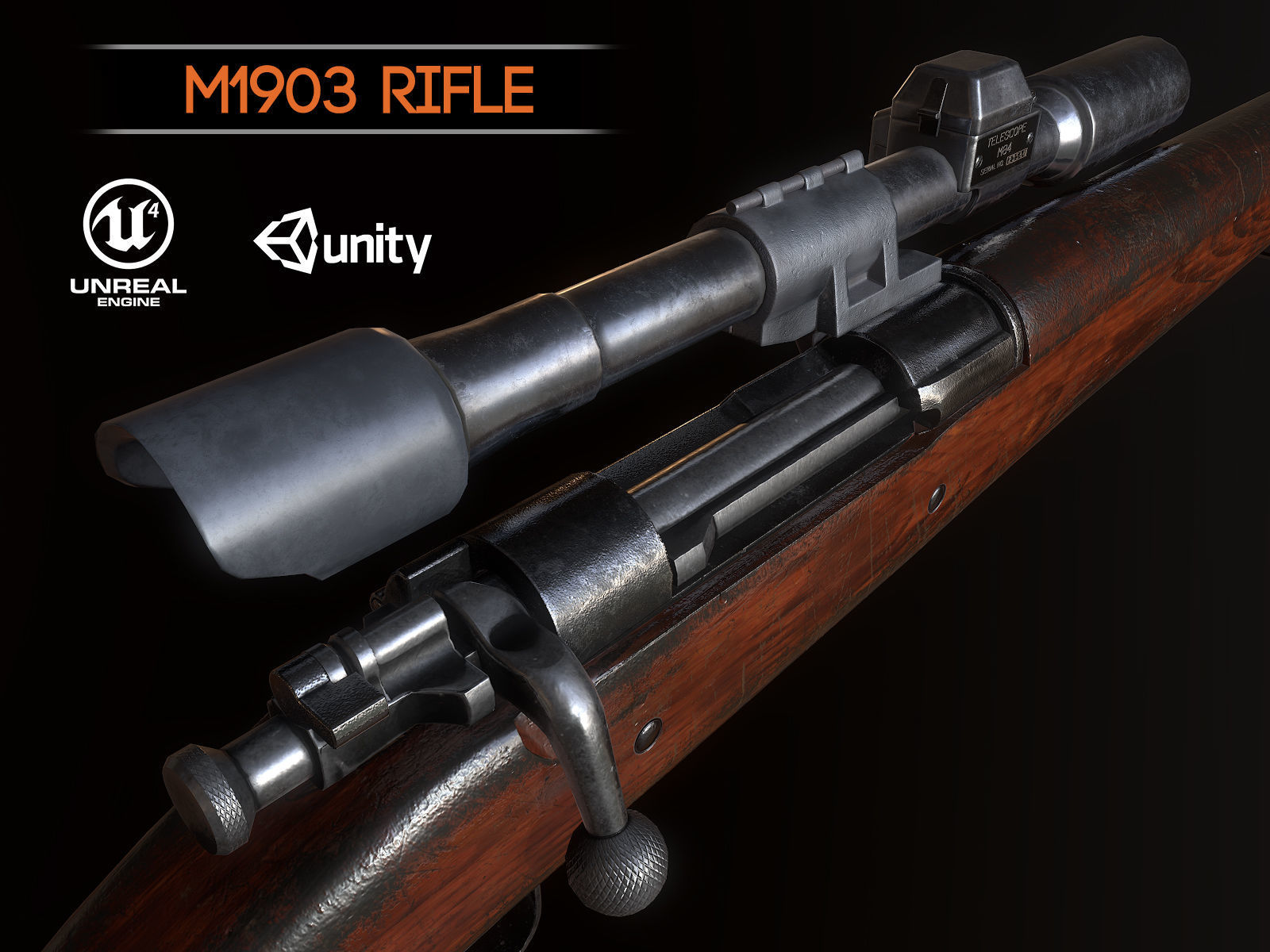 Springfield M1903 Sniper rifle with M84 scope PBR Low-poly 3D model_1