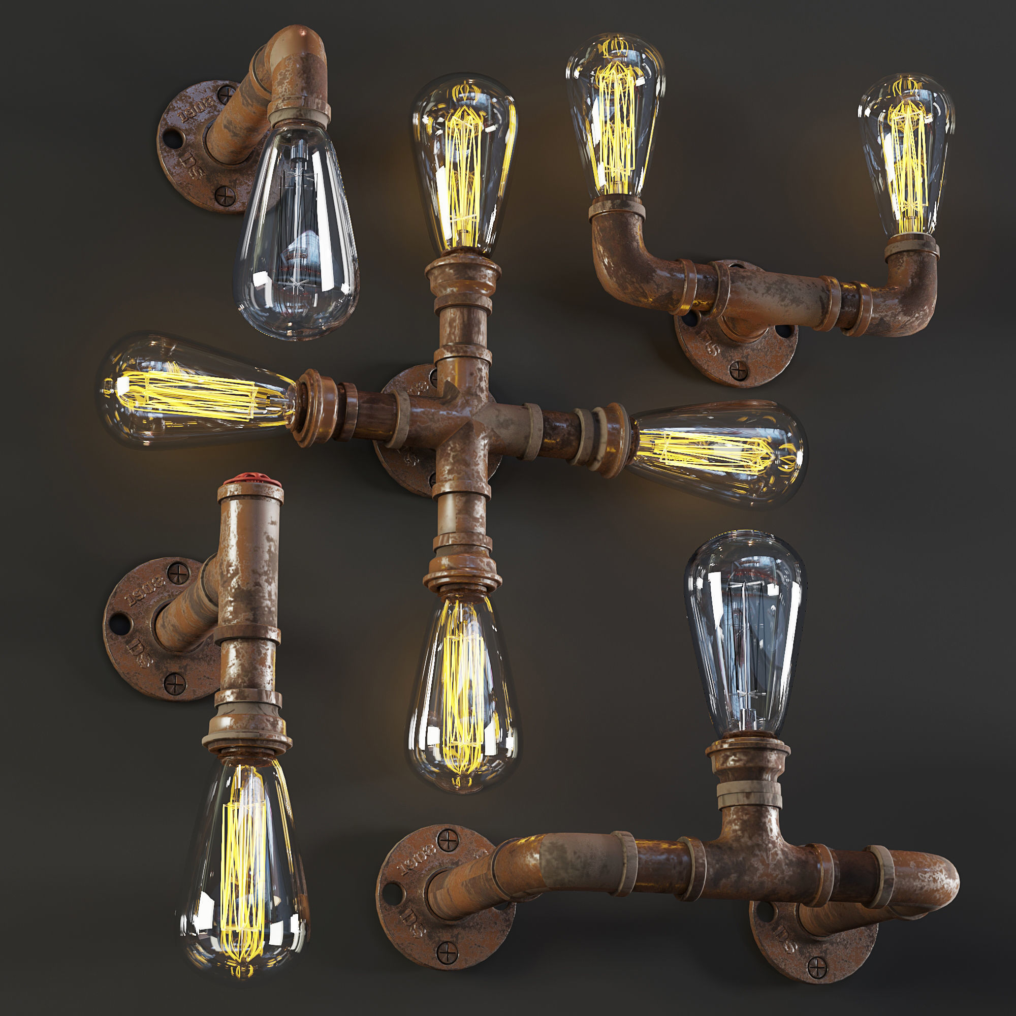 3dasset industrial pipe wall lights 3D model_1