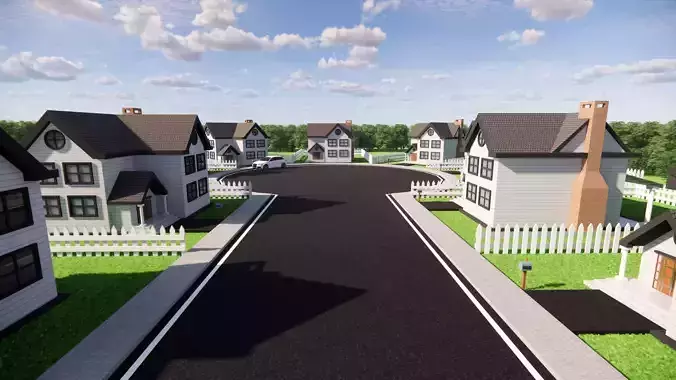 3D Neighborhood Model 3 street with houses and picket fence 3D model