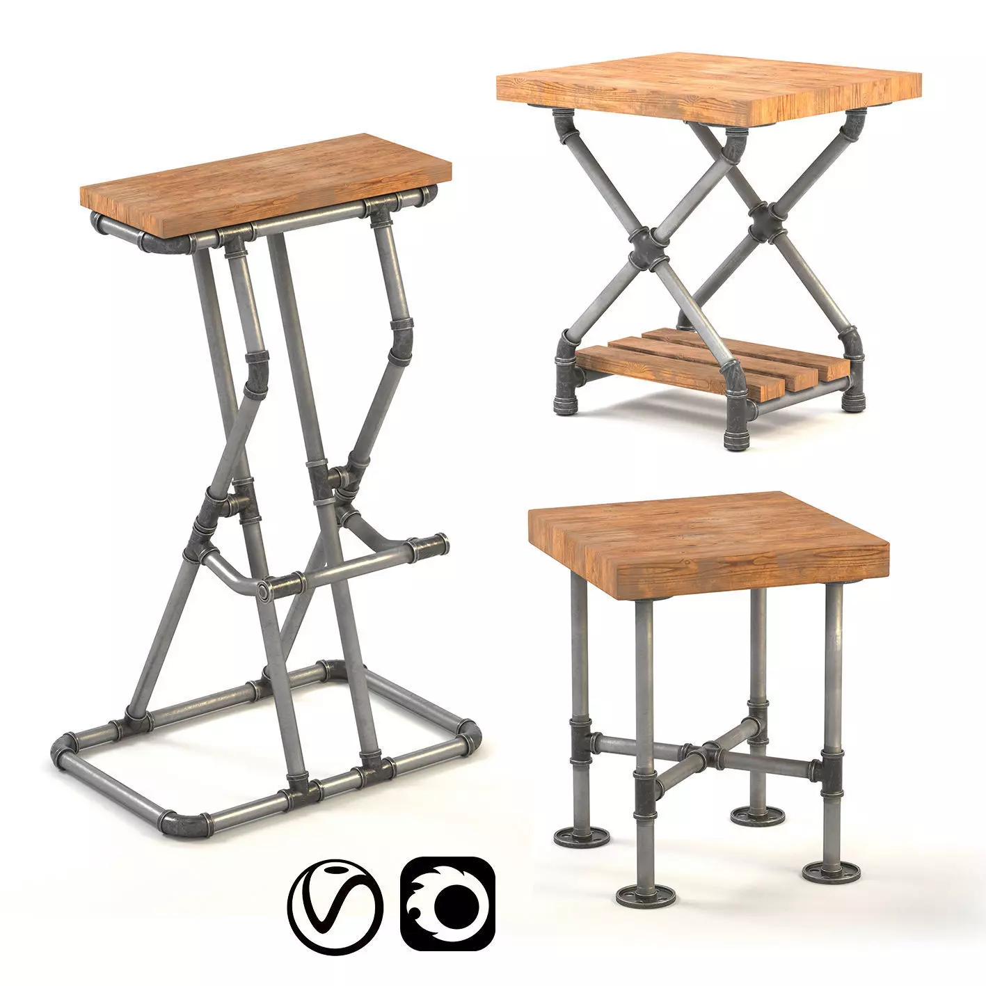 3 Industrial Pipe Stool table Free 3D model