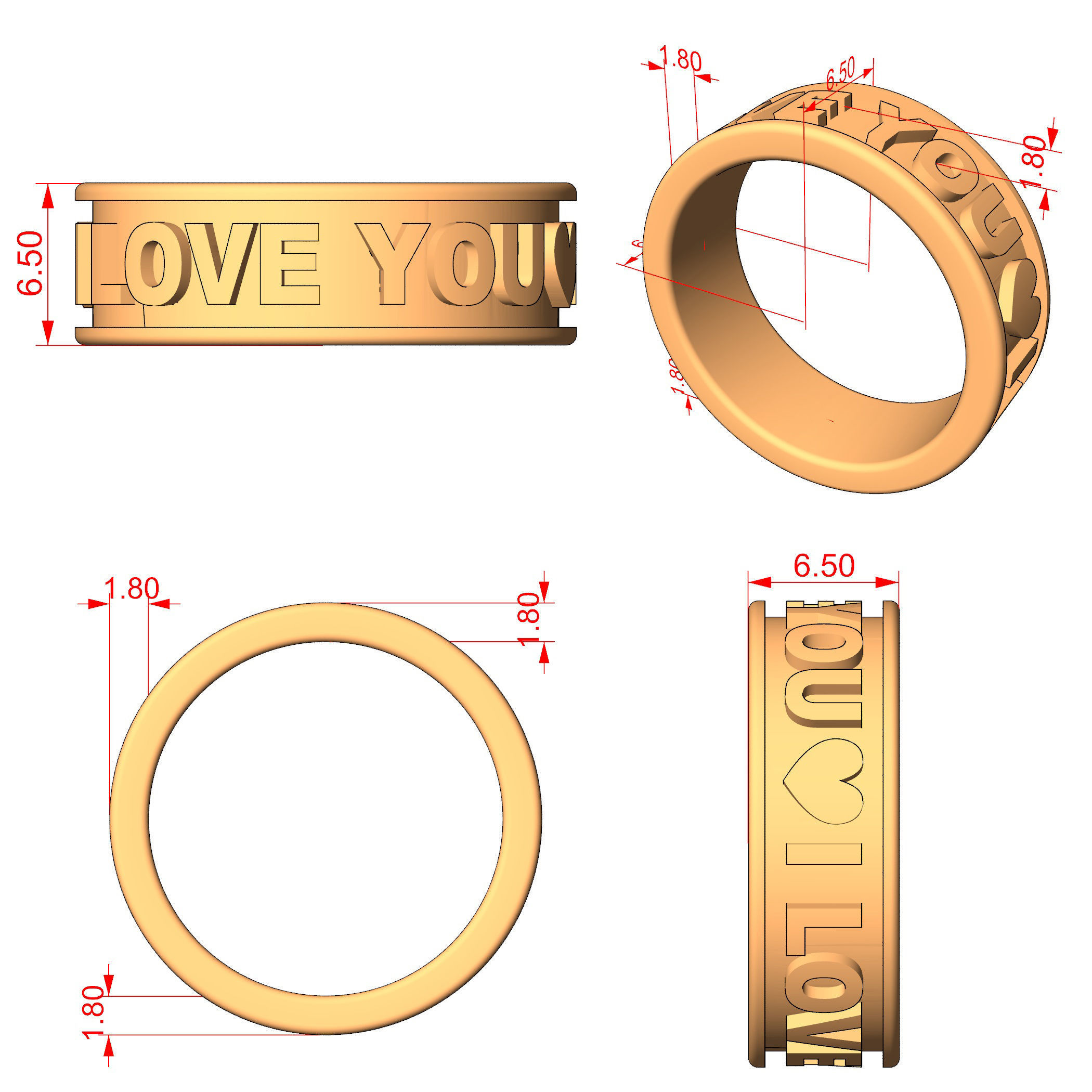 Wedding I LOVE U ring - STL file - 5 ring sizes - Ready to print 3D print model_1