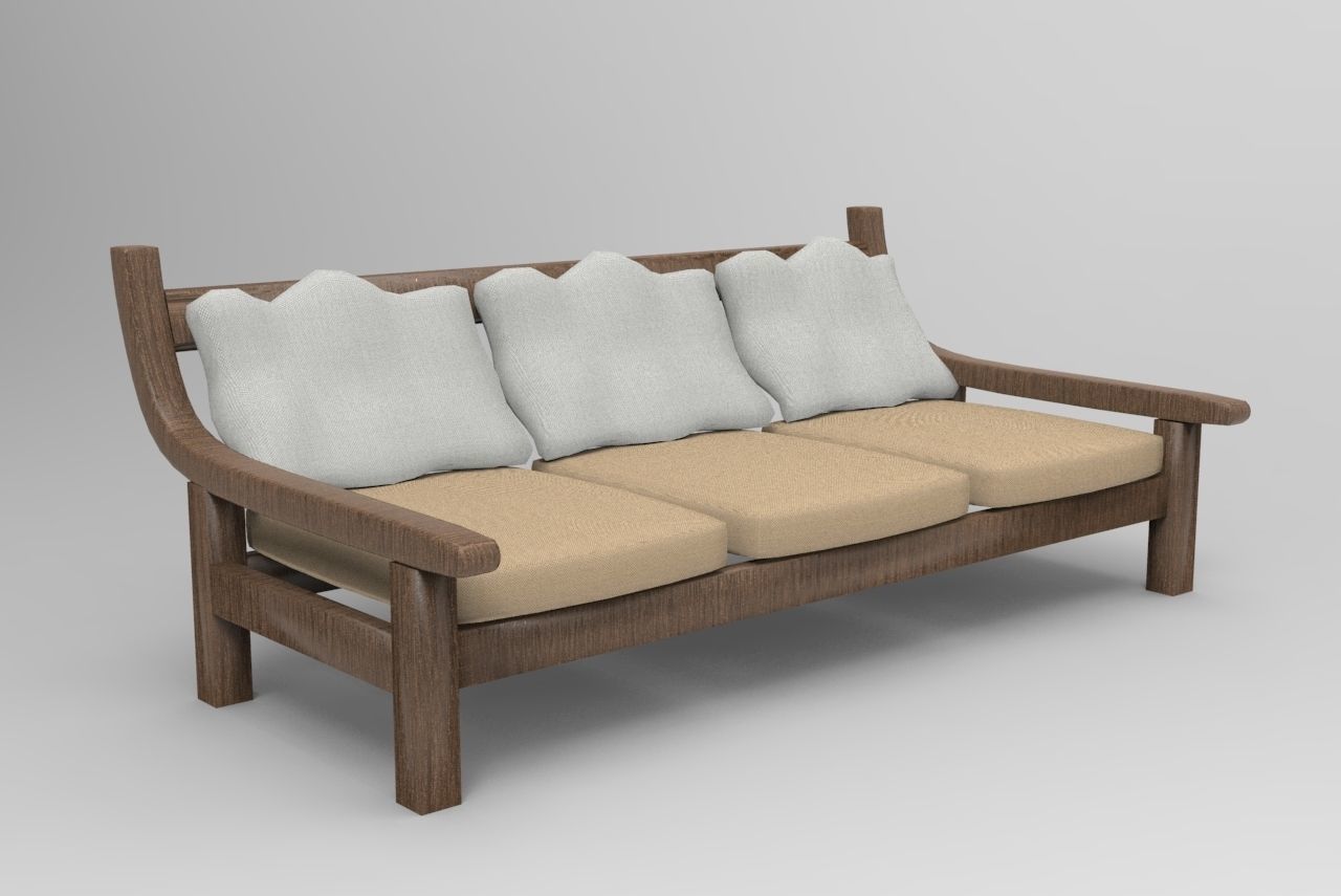 Sofa 3D Model wooden with cushions 3D model_2