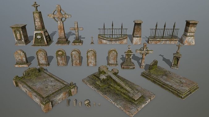 tombstone set pair of wooden doors Low-poly 3D model
