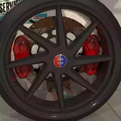 Car wheel with tire and brakes