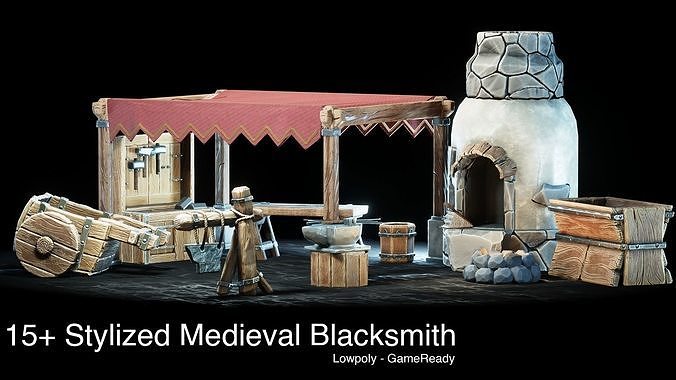 Medieval Blacksmith - 15 Stylized Props Low-poly 3D model