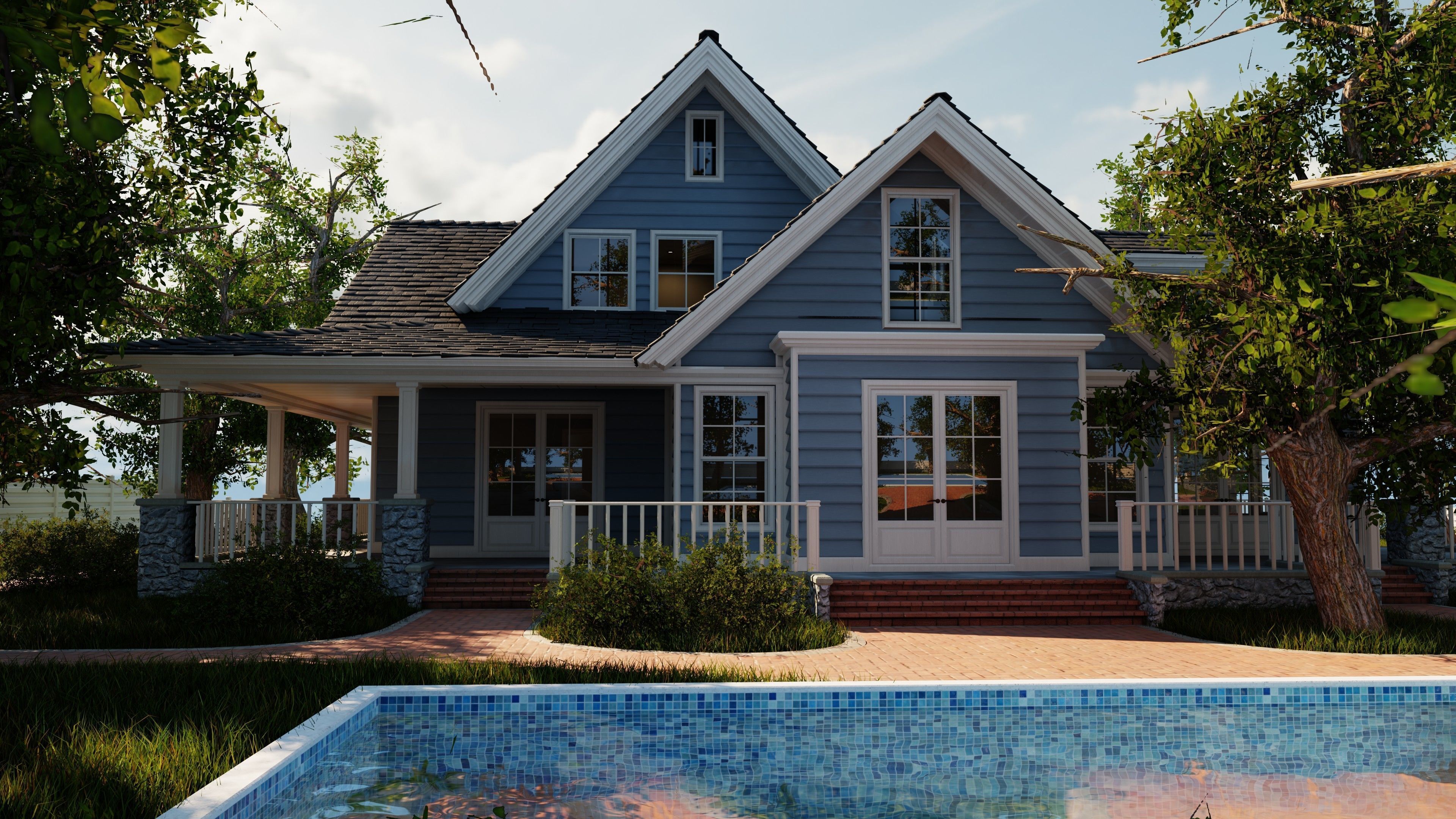 Classic style porch house without furniture Low-poly 3D model_14