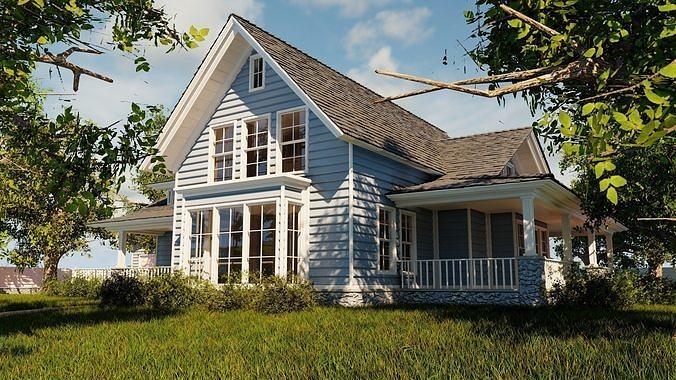 Classic style porch house without furniture Low-poly 3D model 4