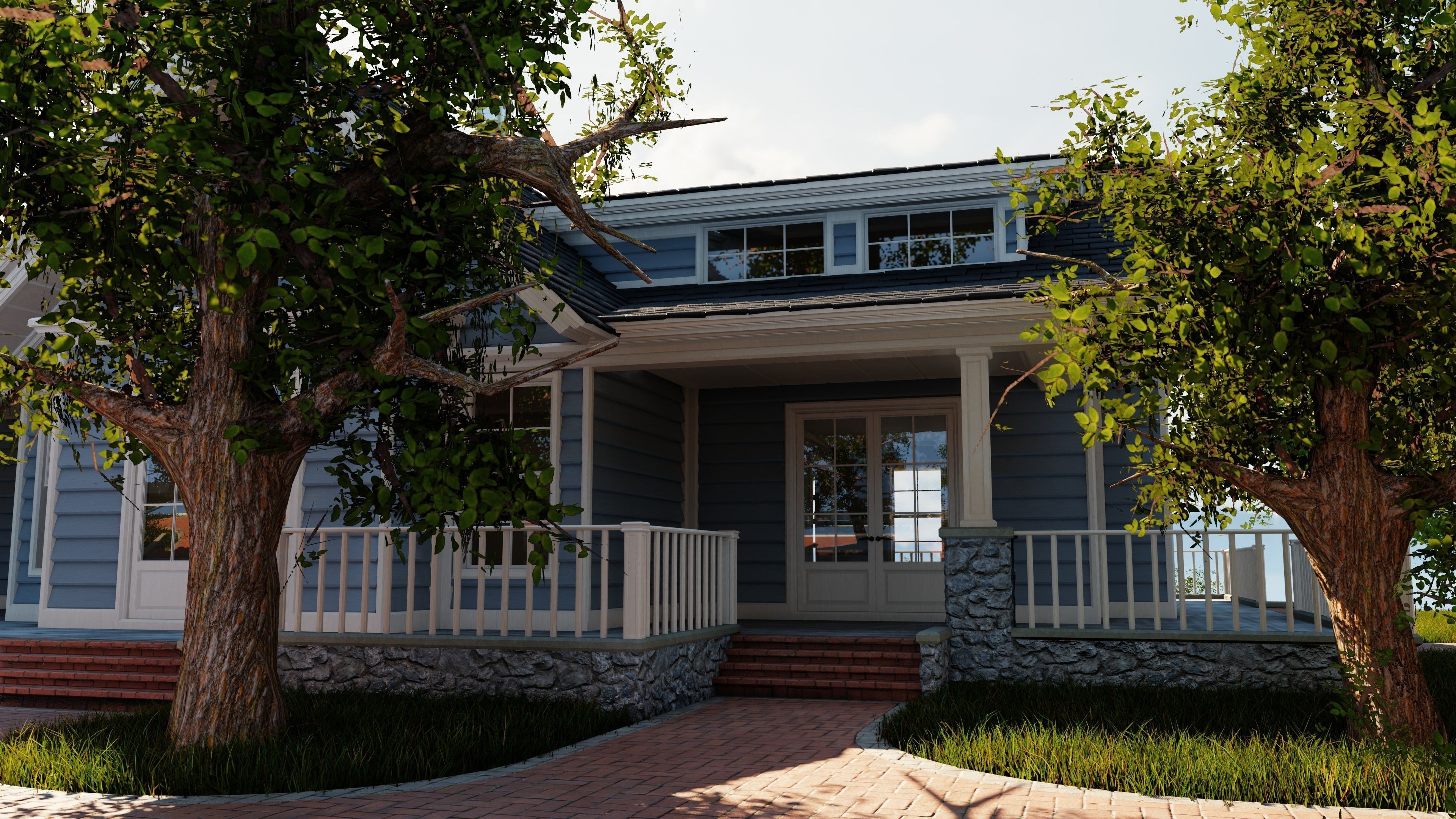 Classic style porch house without furniture Low-poly 3D model_15