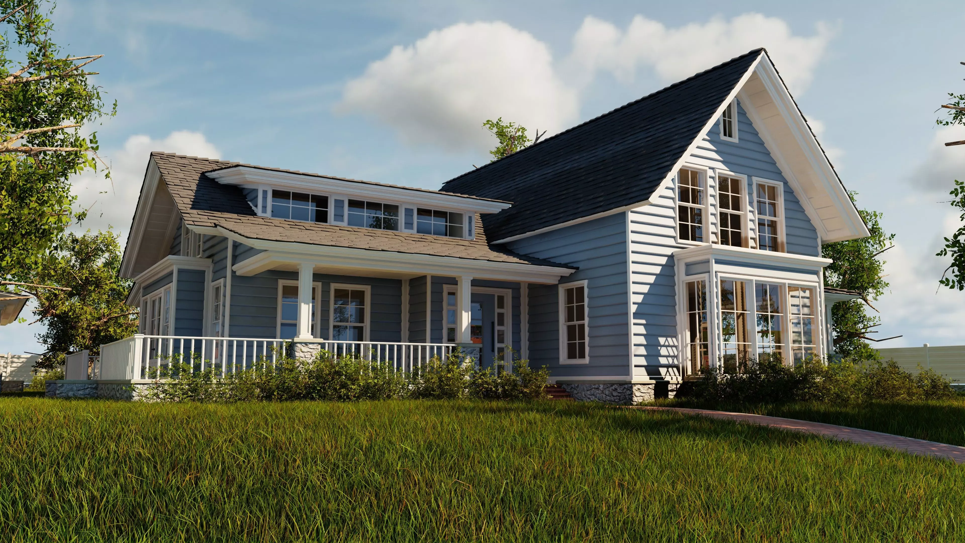 Classic style porch house without furniture Low-poly 3D model_0