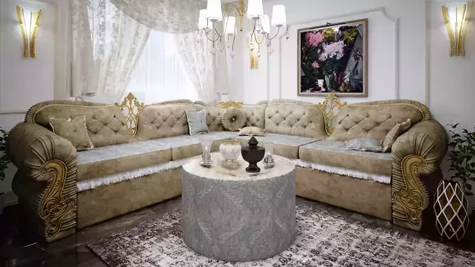 Oriental interior with sofa and table