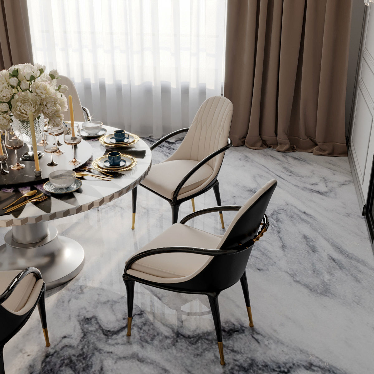 Furniture set dining room with marble floor and chandelier 3D model_10