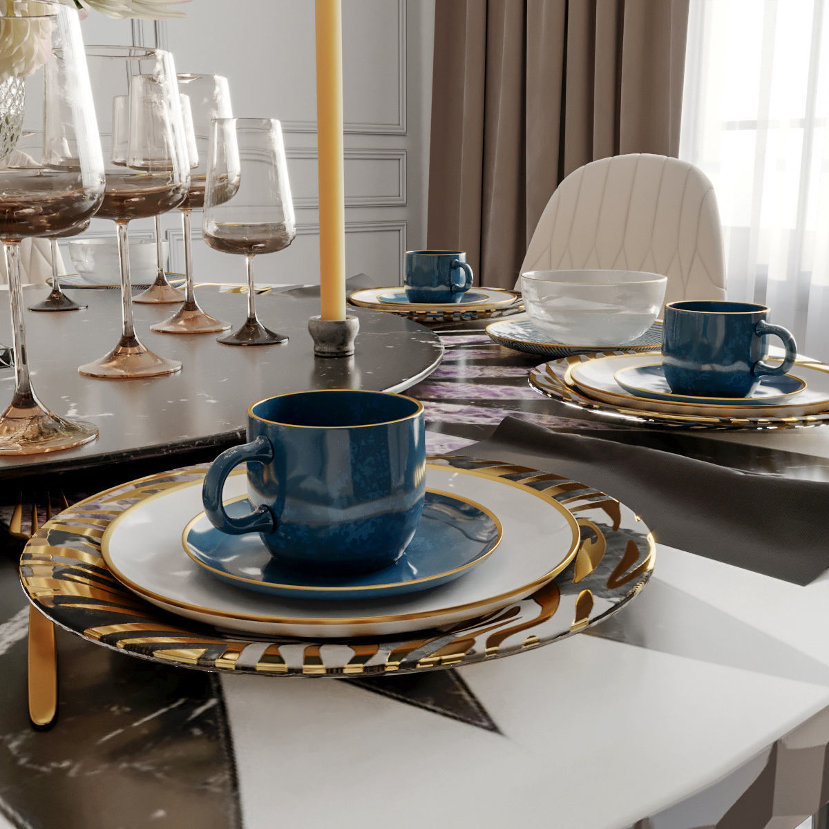 Furniture set dining room with marble floor and chandelier 3D model_6