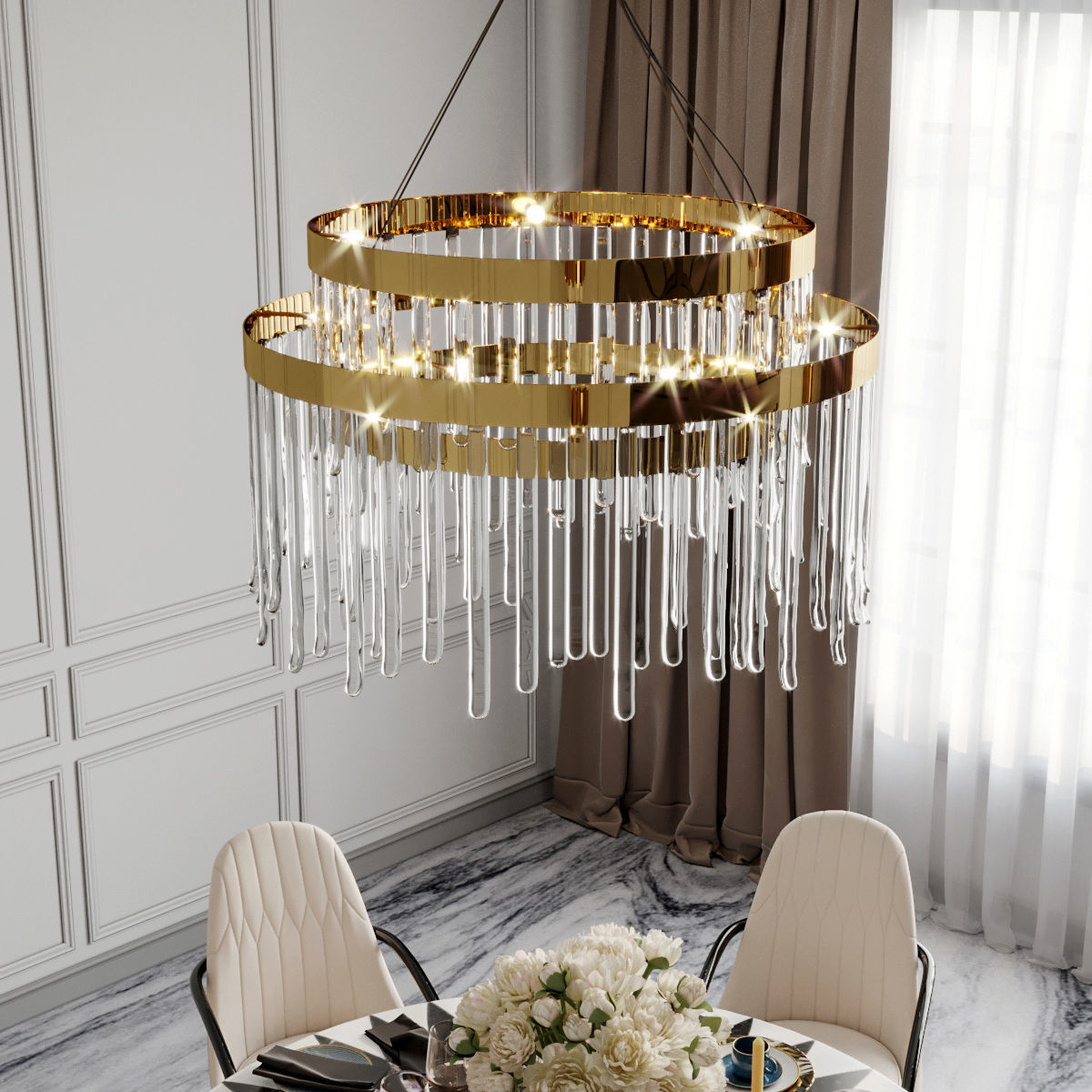 Furniture set dining room with marble floor and chandelier 3D model_5