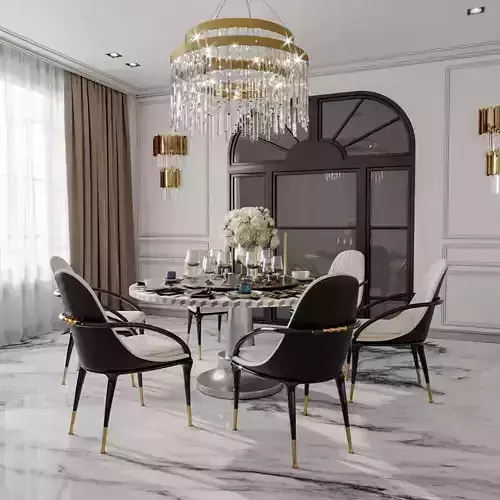Furniture set dining room with marble floor and chandelier