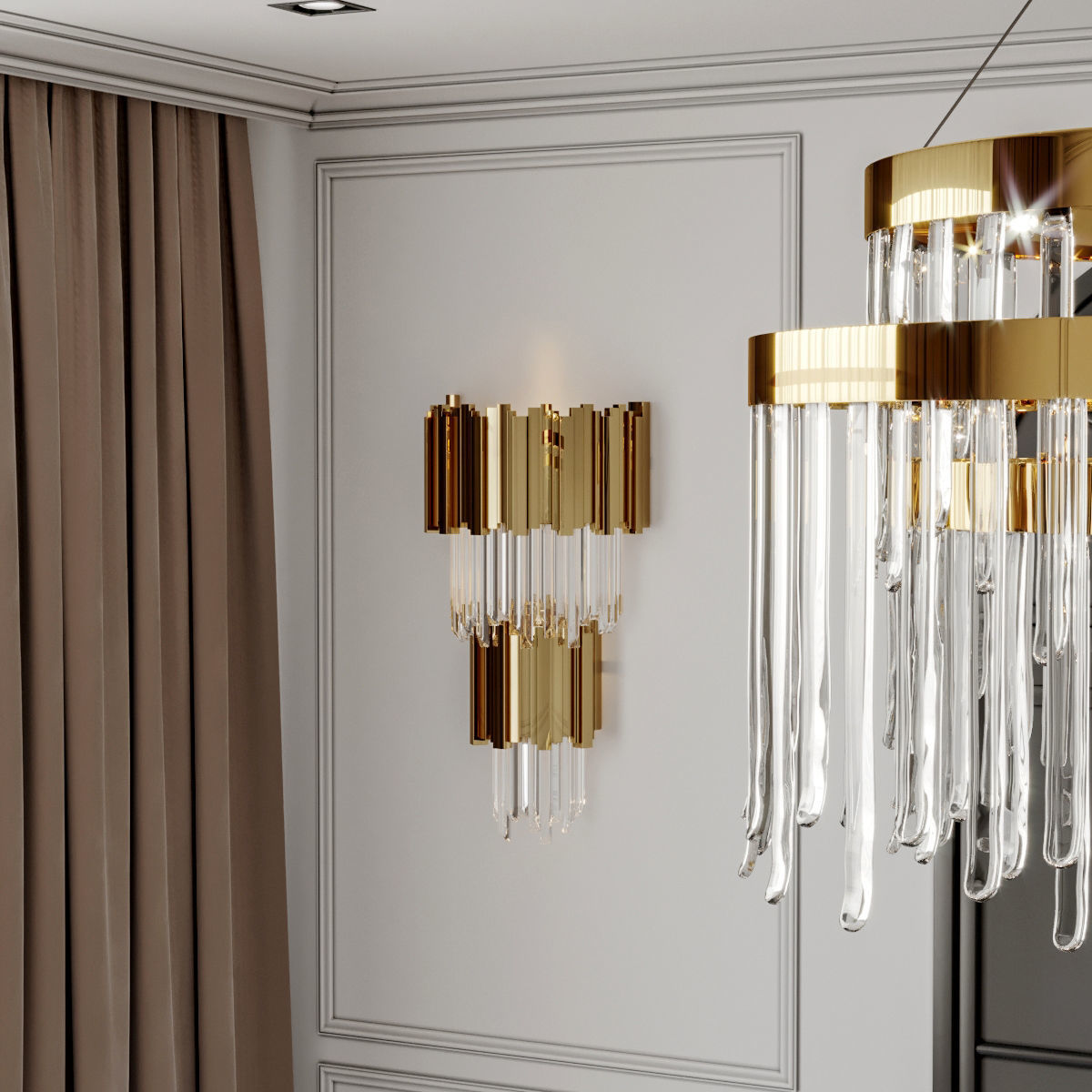 Furniture set dining room with marble floor and chandelier 3D model_8