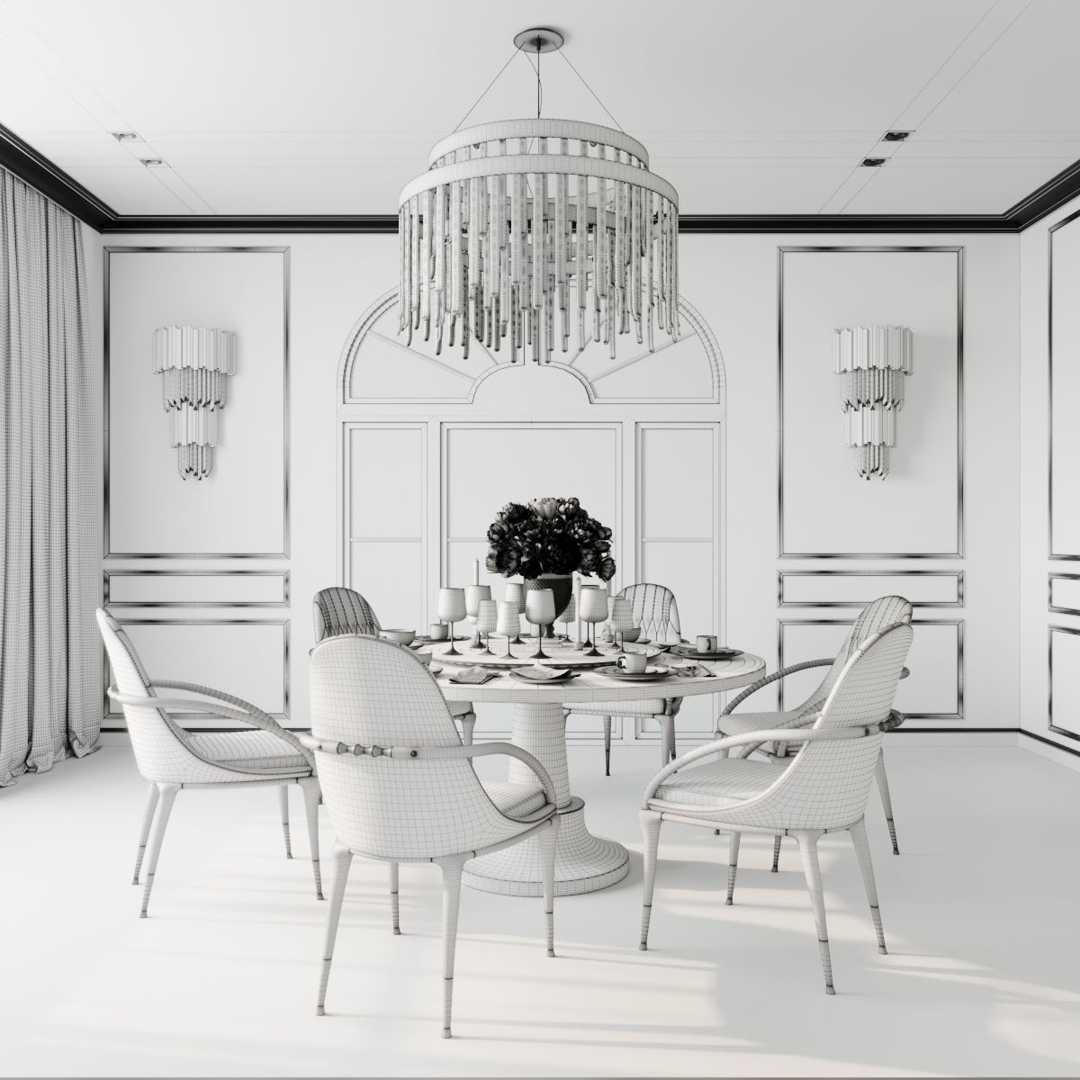 Furniture set dining room with marble floor and chandelier 3D model_11
