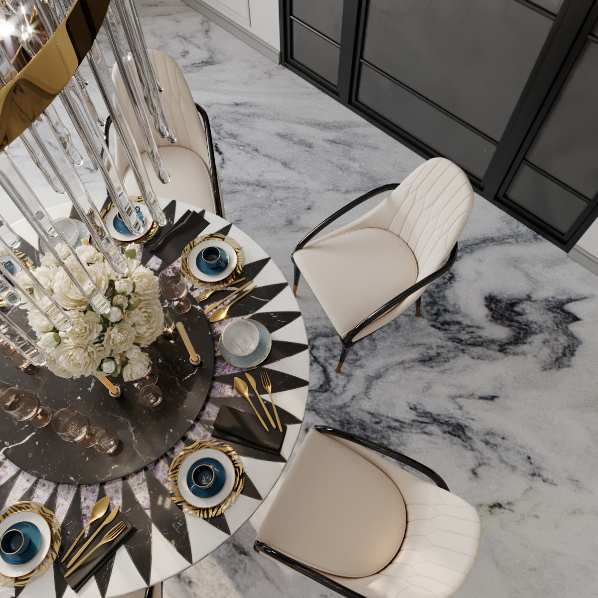 Furniture set dining room with marble floor and chandelier 3D model_1