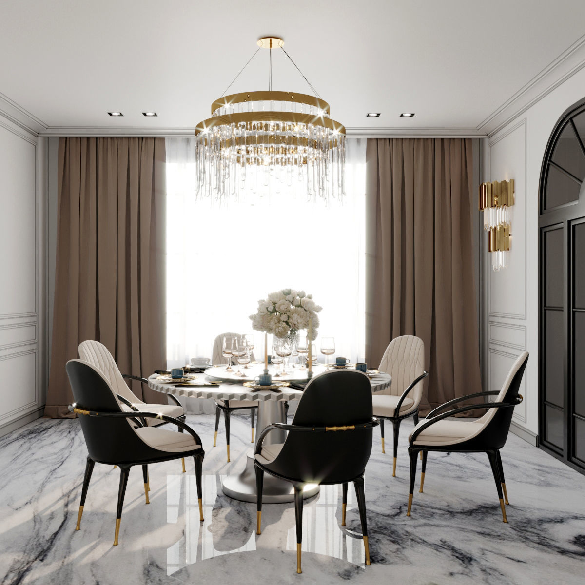 Furniture set dining room with marble floor and chandelier 3D model_3