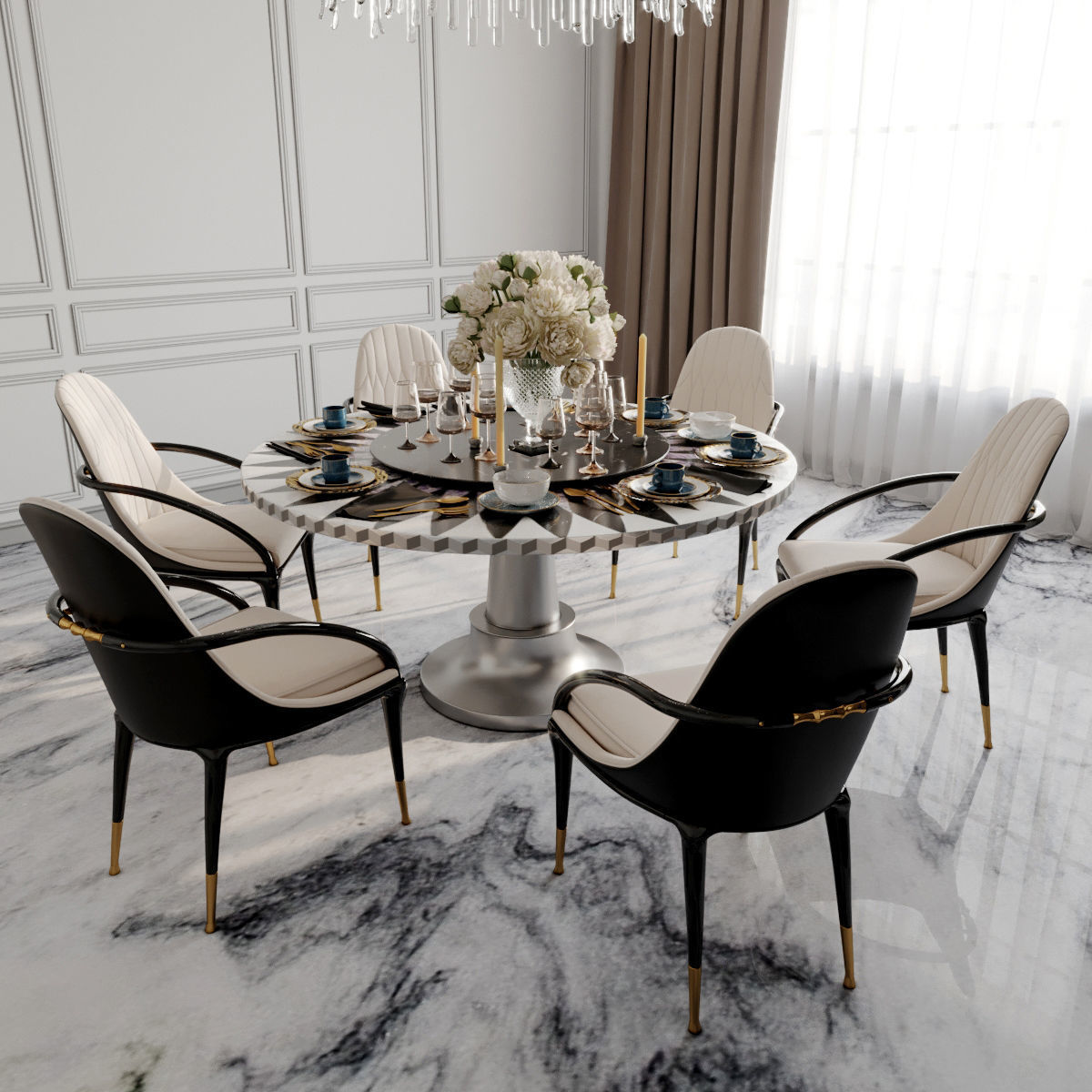 Furniture set dining room with marble floor and chandelier 3D model_4