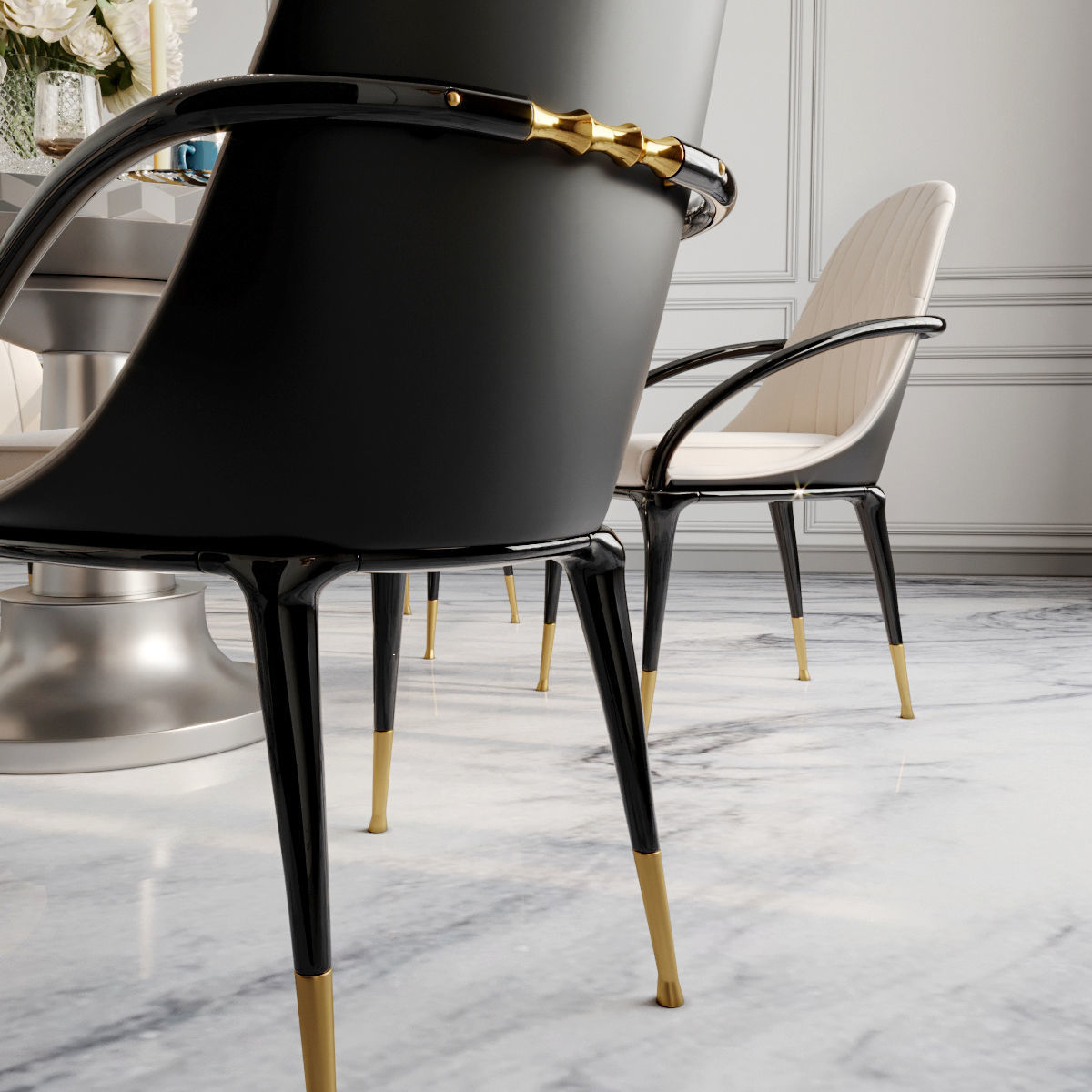 Furniture set dining room with marble floor and chandelier 3D model_9