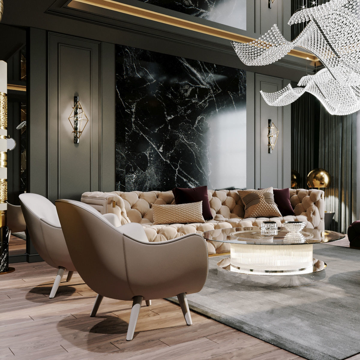 Furniture set modern living room with gold and marble accents 3D model_5