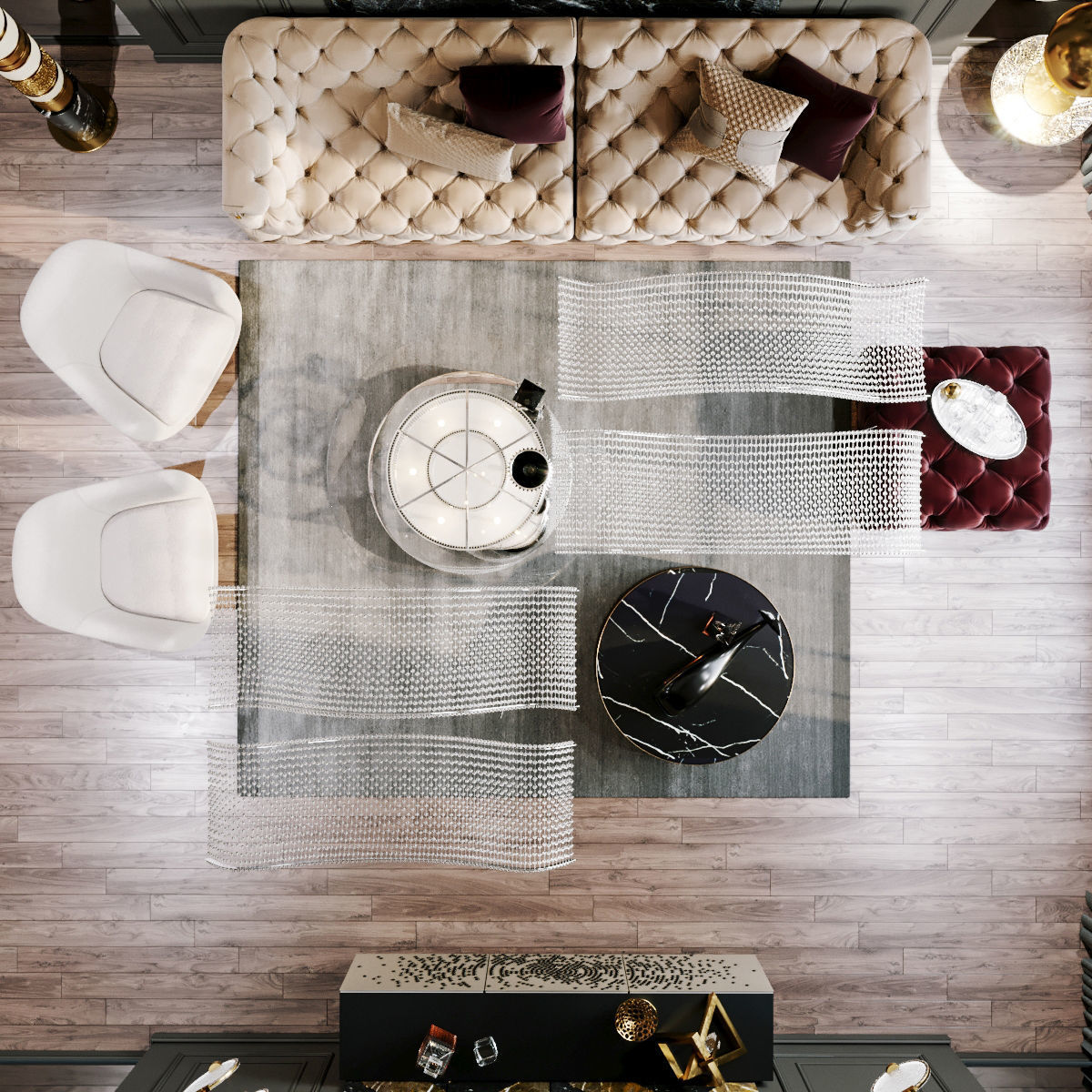 Furniture set modern living room with gold and marble accents 3D model_11