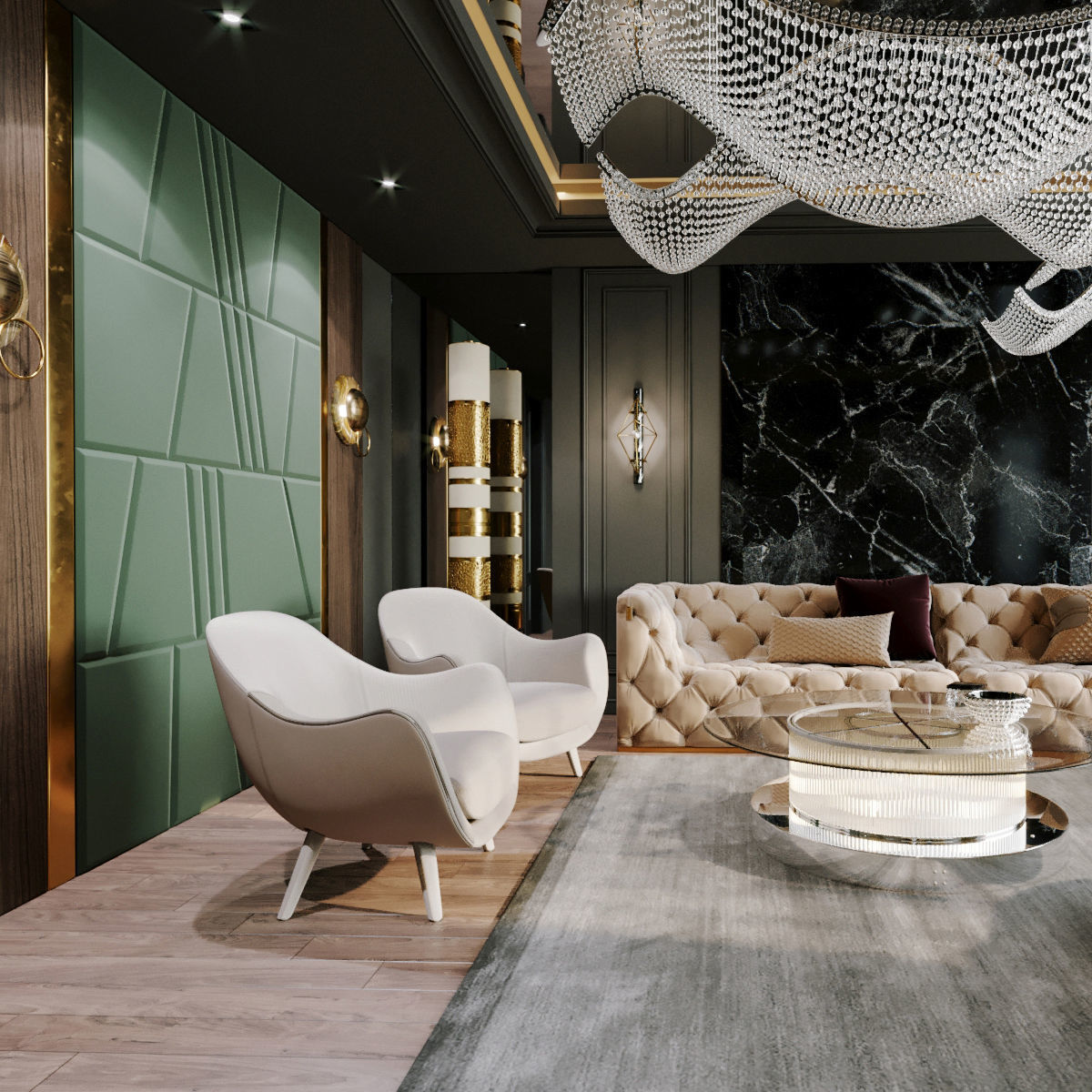 Furniture set modern living room with gold and marble accents 3D model_7