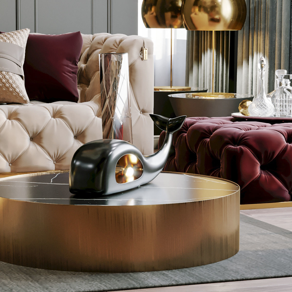 Furniture set modern living room with gold and marble accents 3D model_1