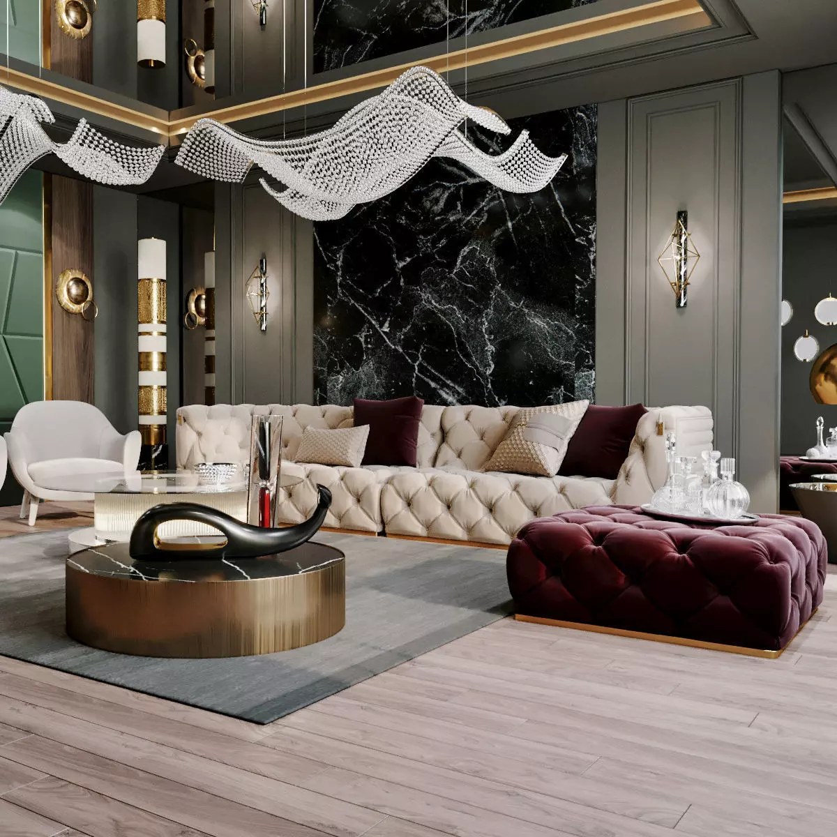 Furniture set modern living room with gold and marble accents 3D model_0