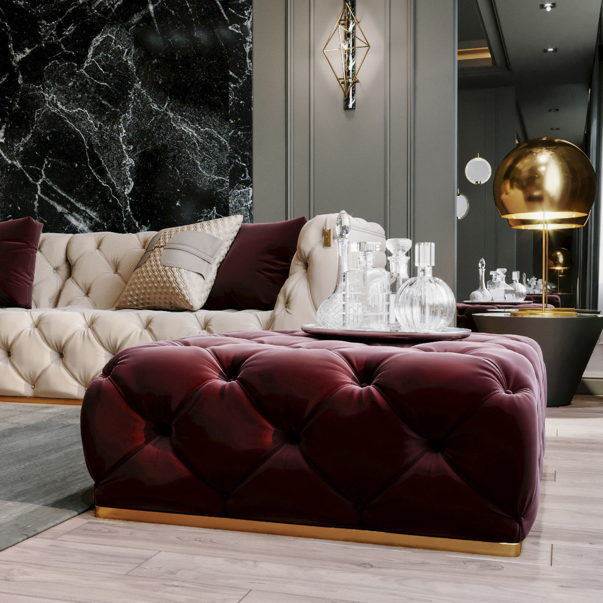 Furniture set modern living room with gold and marble accents 3D model_9