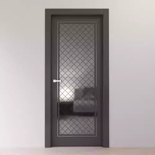 Dark gray interior door with shiny metal tiles