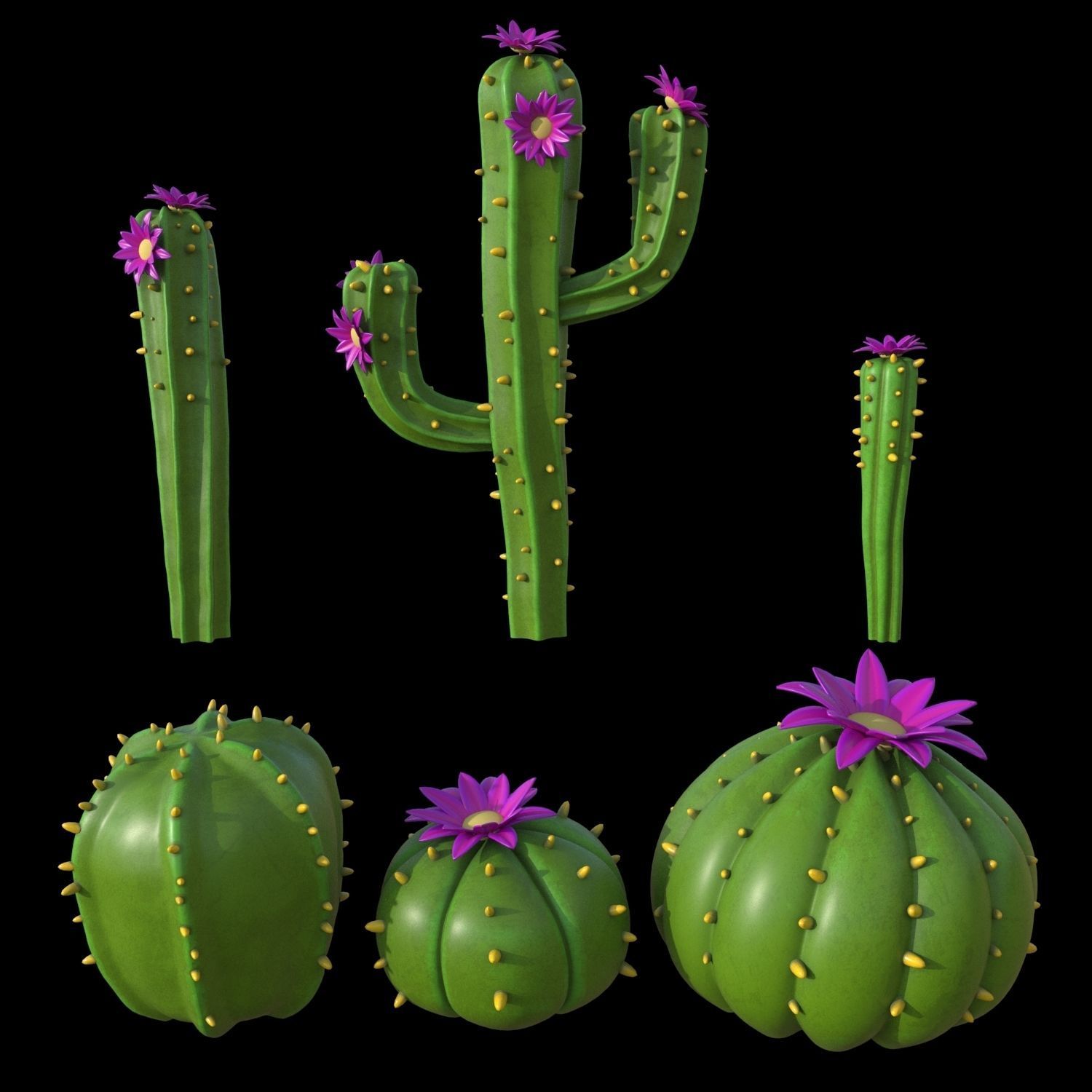 Cartoon cactuses asset 3D model_1