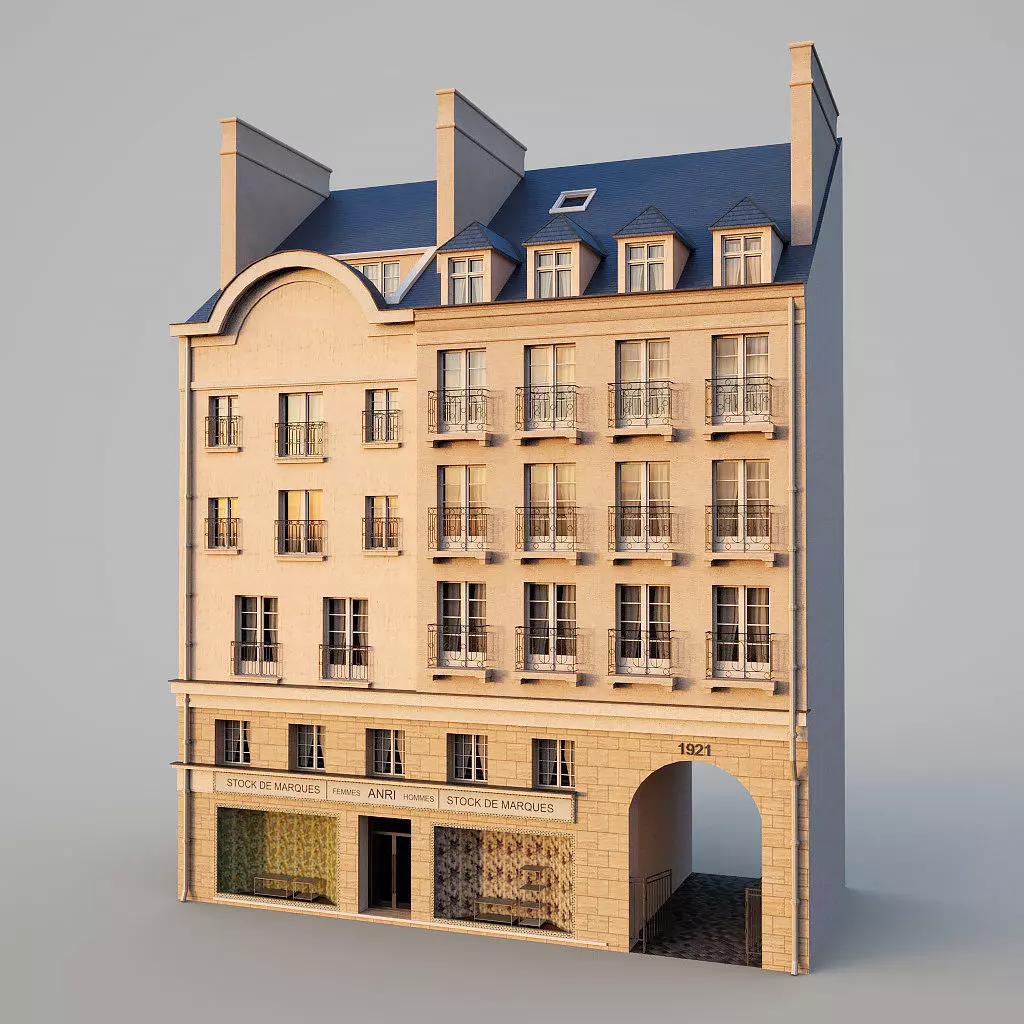 Paris building with passage Low-poly 3D model_0