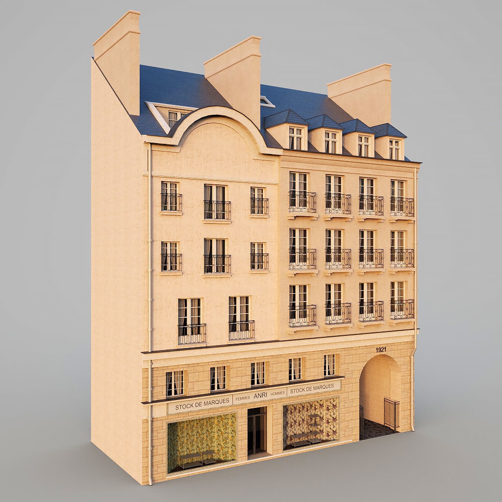 Paris building with passage Low-poly 3D model_2