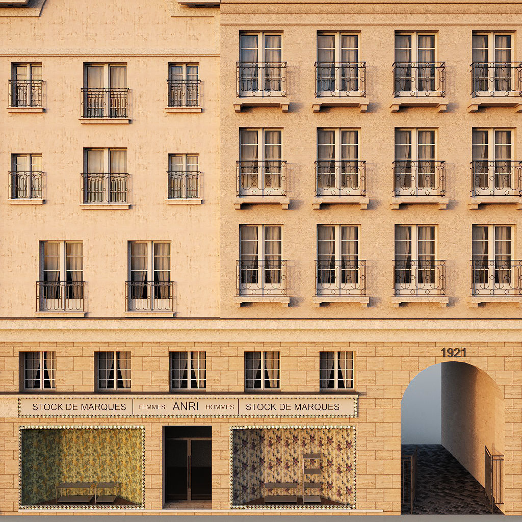 Paris building with passage Low-poly 3D model_8
