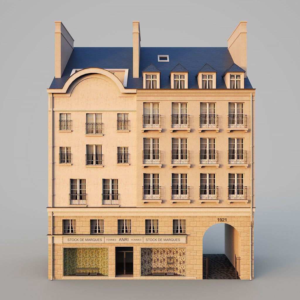 Paris building with passage Low-poly 3D model_1