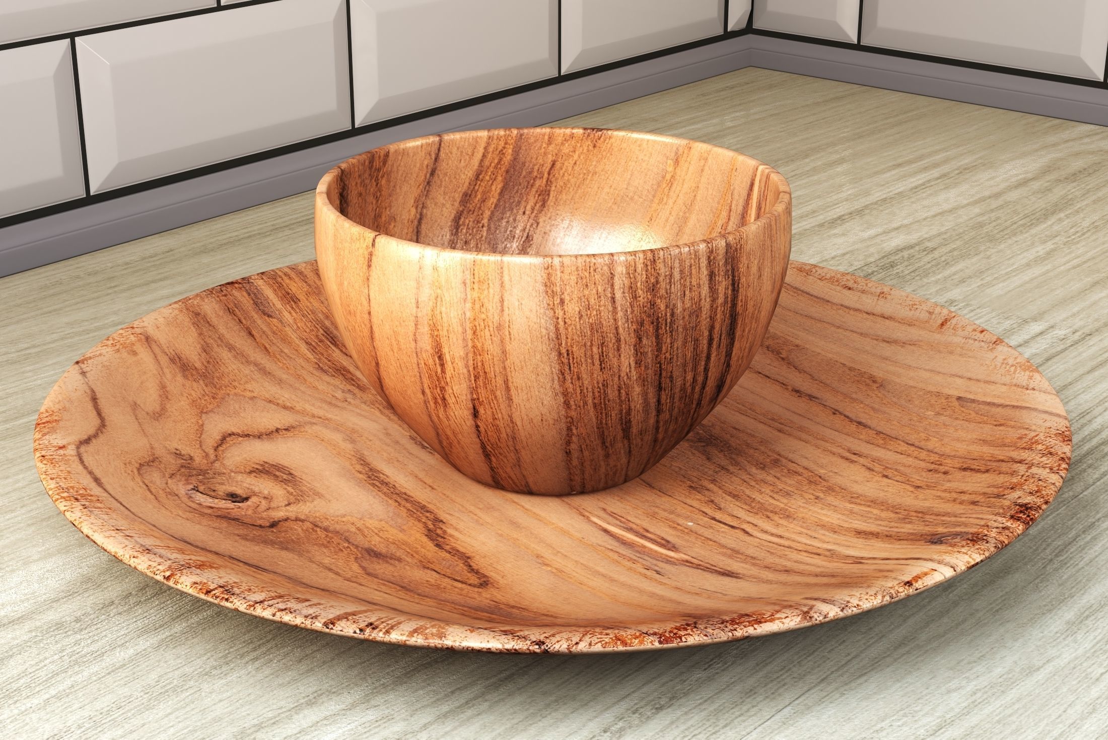 wooden dish set  3D model_3
