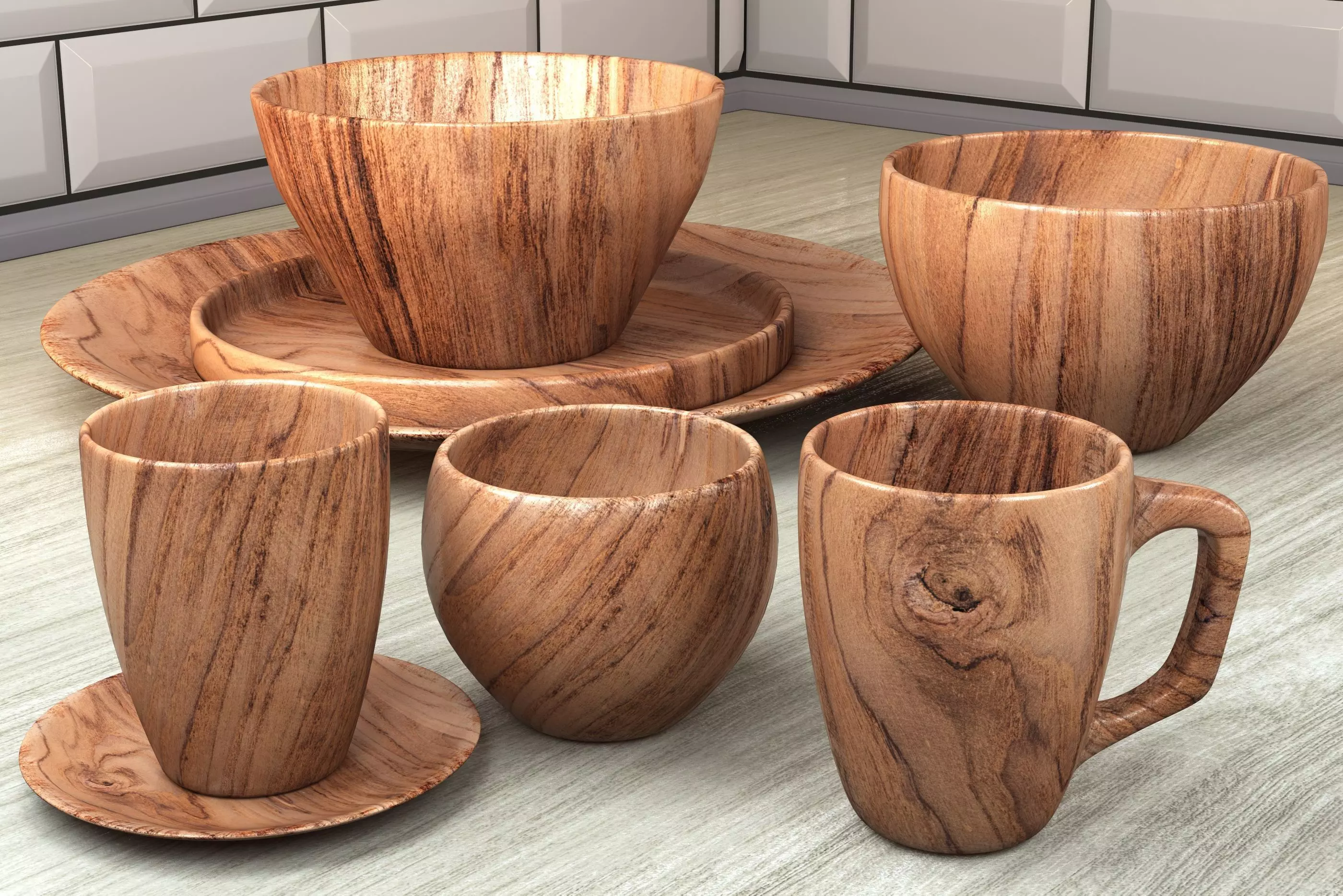 wooden dish set  3D model_0