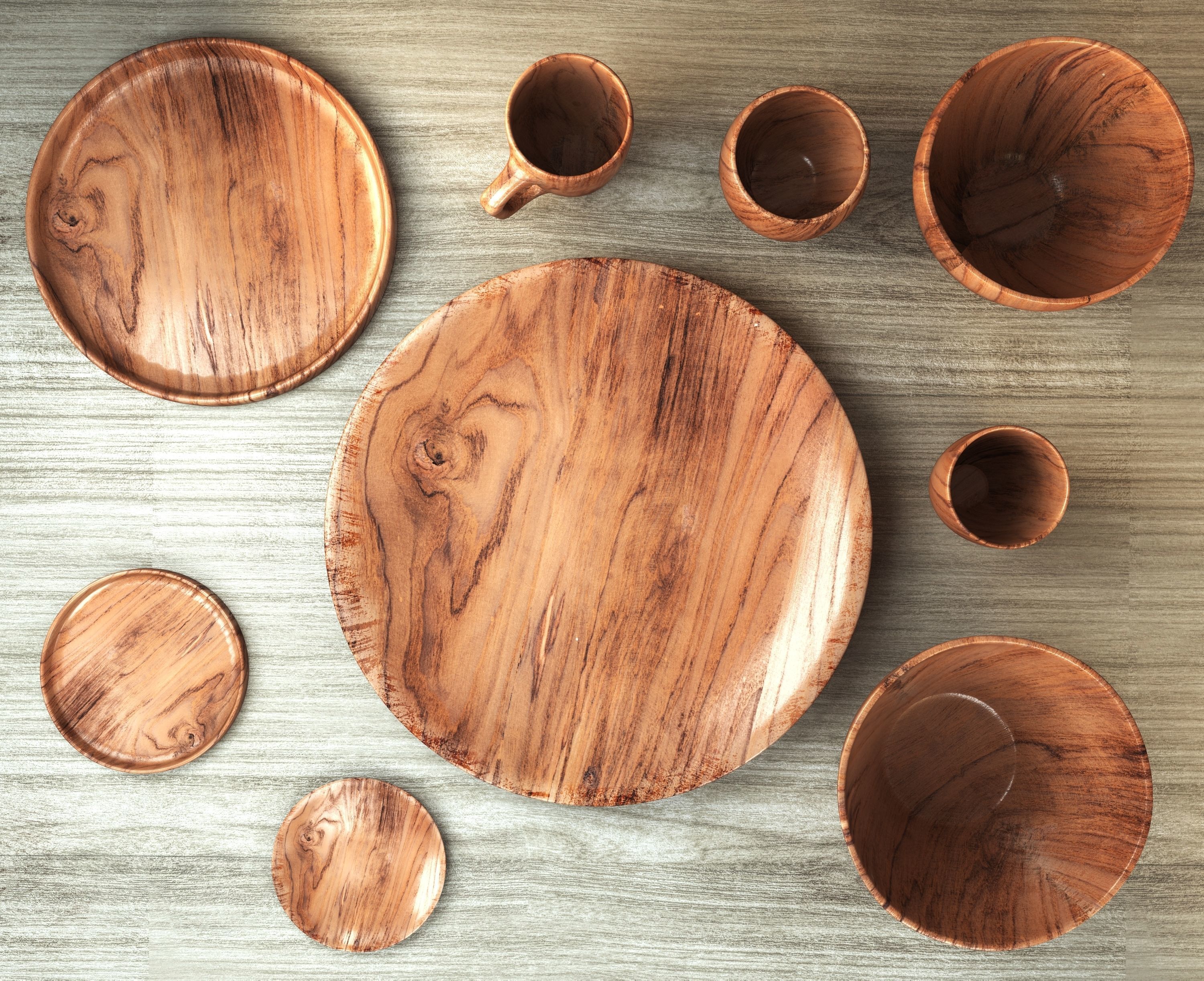 wooden dish set  3D model_1