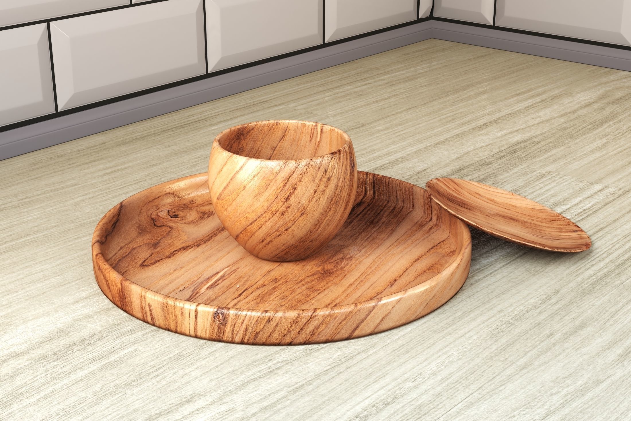 wooden dish set  3D model_4