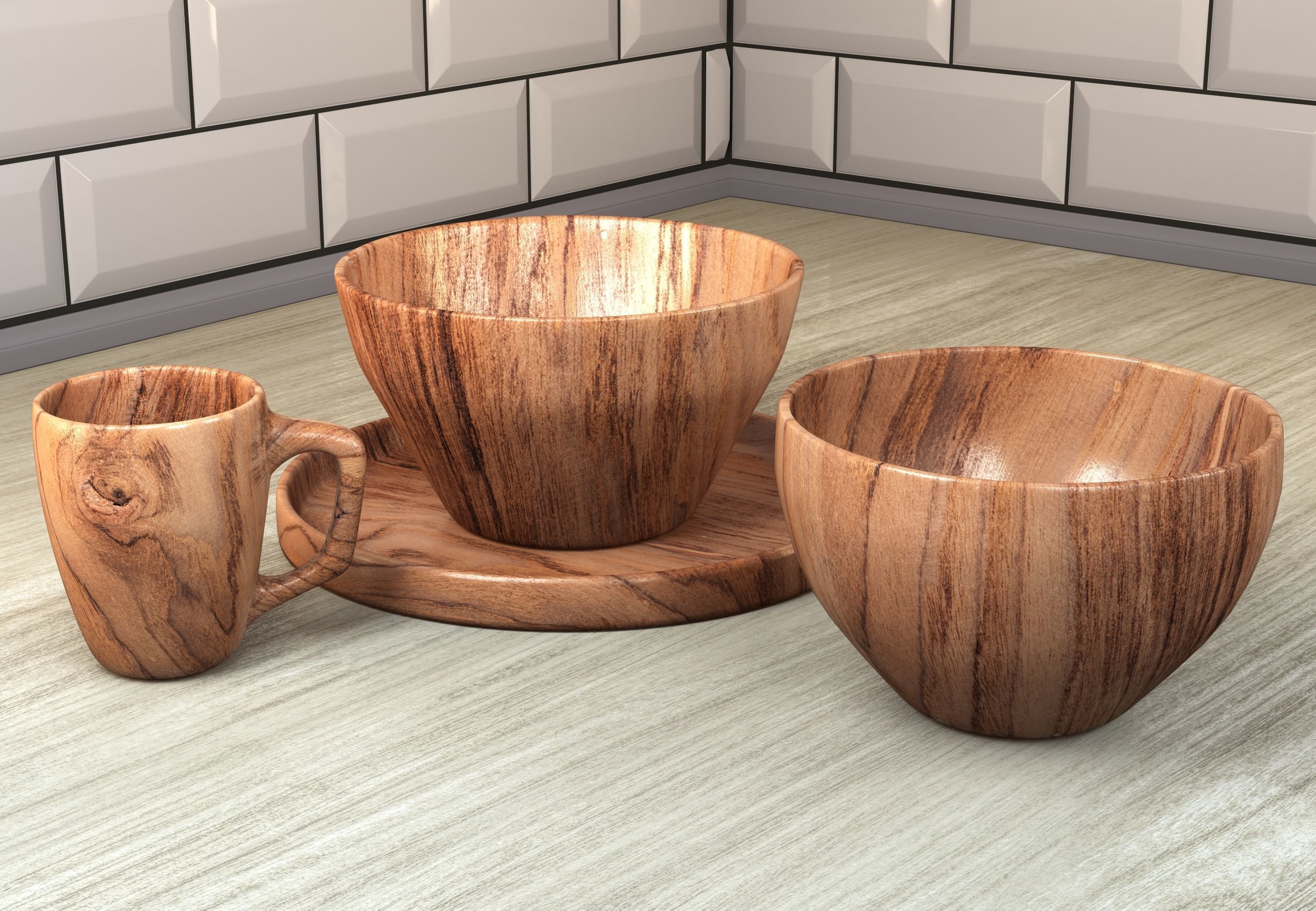 wooden dish set  3D model_2
