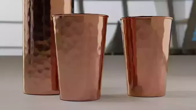 Hammered Copper Water Bottle and Cups Free 3D model