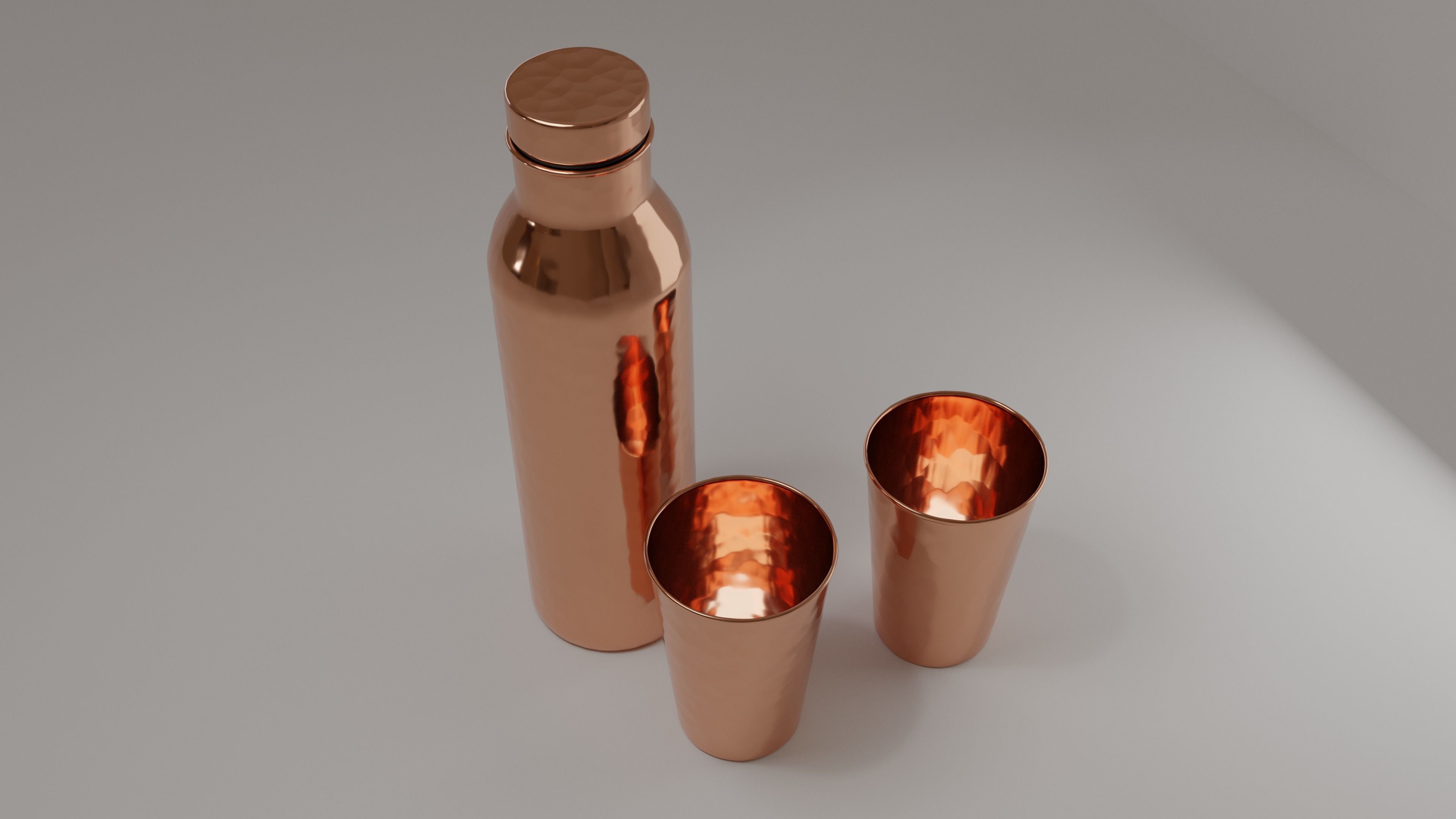Hammered Copper Water Bottle and Cups Free 3D model_2