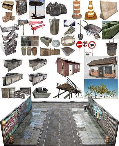 exterior city building objects - low-poly - street 3D Model Pack 2